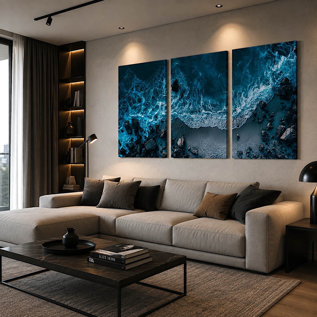 Coastal decor wall art above media console, calming wave art mood