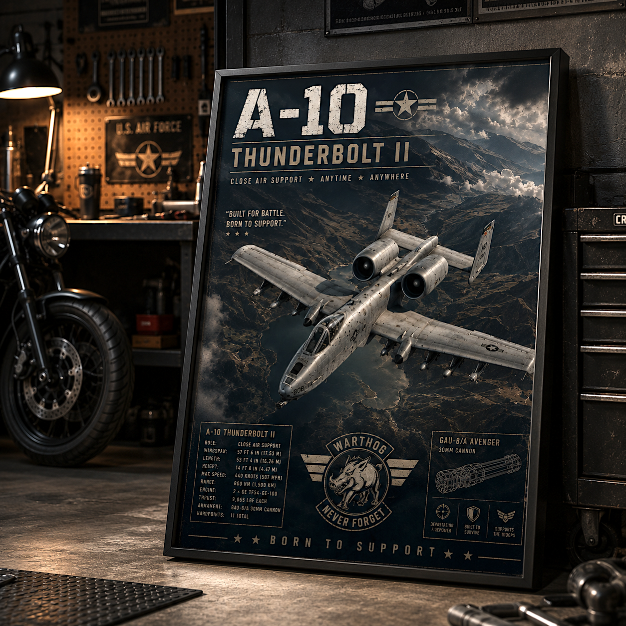 Garage wall art — military jet print, industrial tribute