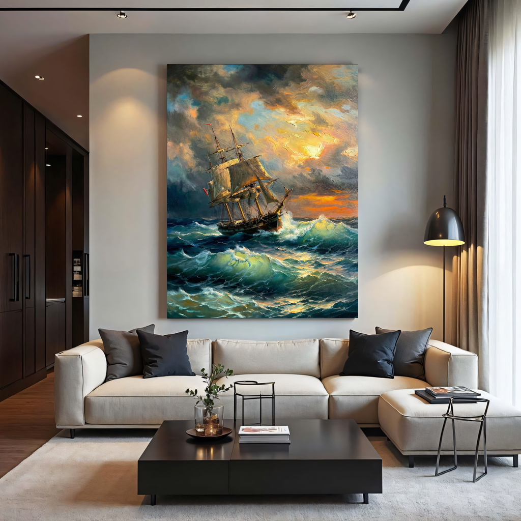 maritime ship painting stormy ocean sunset wall decor