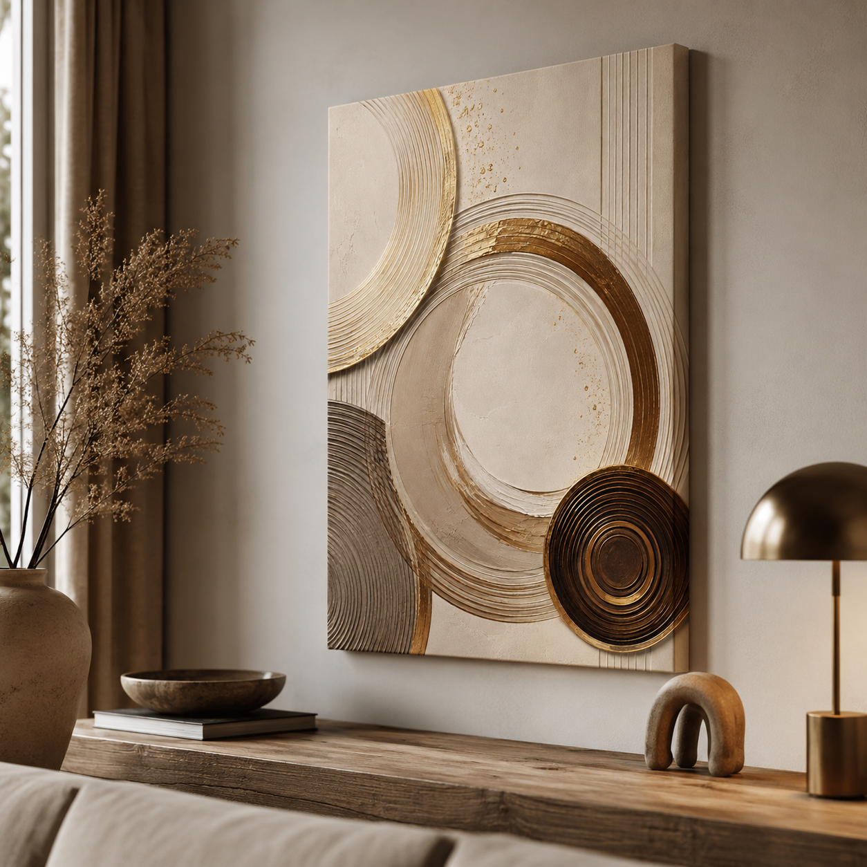Modern abstract gold wall art with layered concentric circles