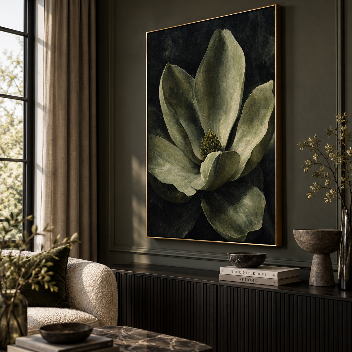 Size reference showing the vertical magnolia artwork on a wall next to a console table and lamp