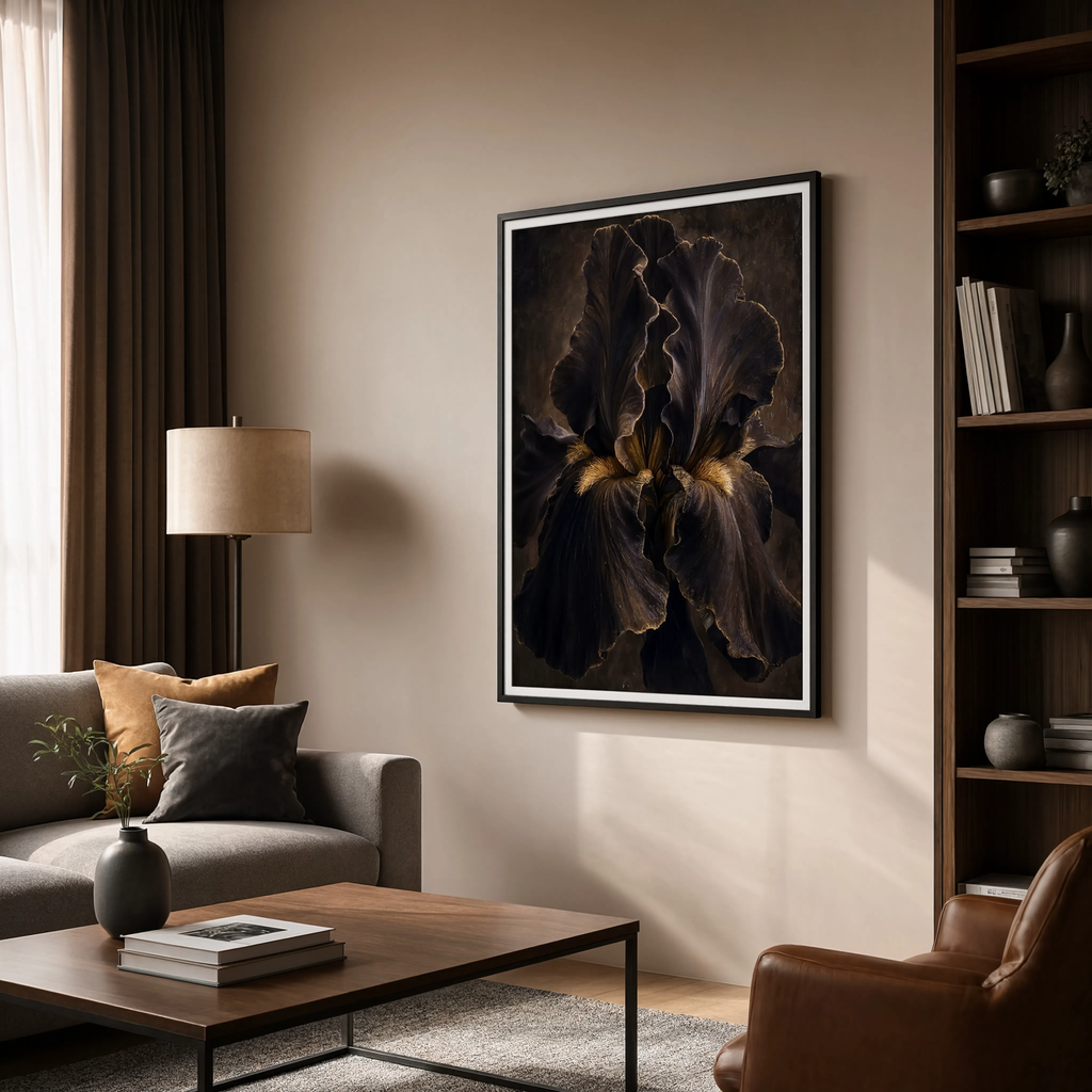Dark Iris Flower Wall Art, Moody Botanical Print, Black Bearded Iris Poster, Dutch Master Floral Canvas, Dark Academia Decor