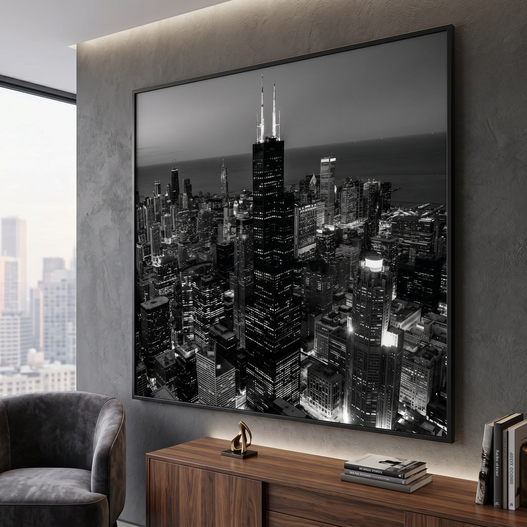 Dramatic monochrome cityscape of Chicago at night shot from above with glowing city lights

