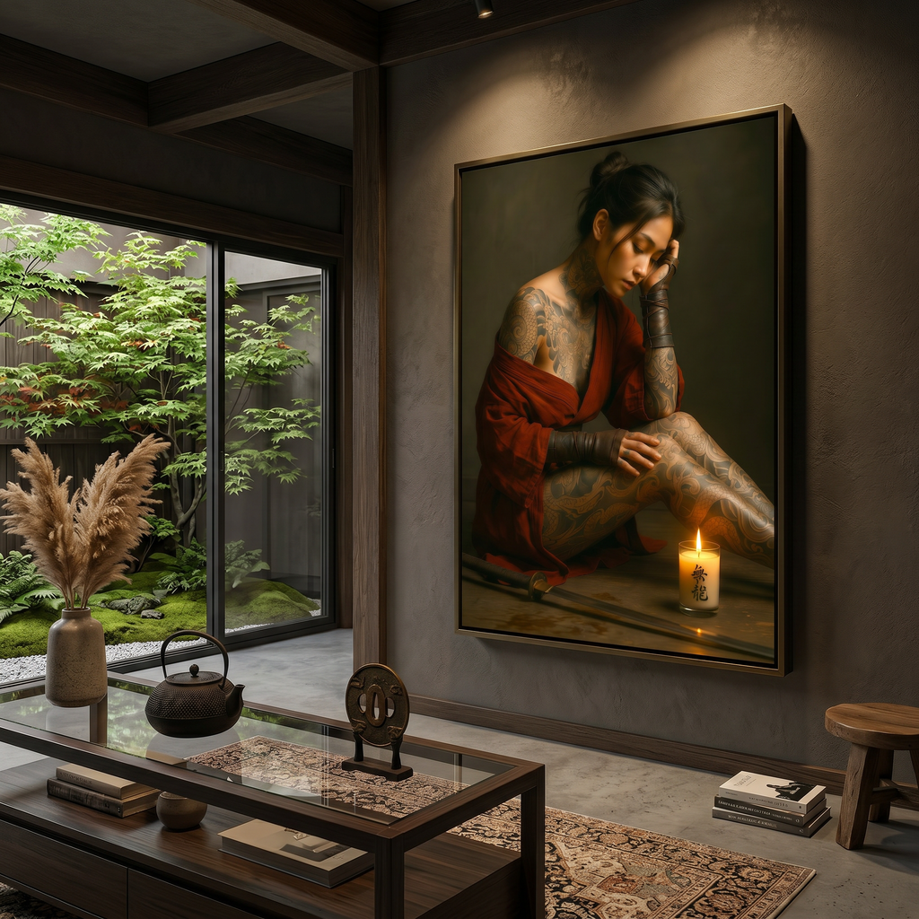 Japanese art print on dark wall — samurai woman dragon tattoo red kimono, dark art portrait, premium matte poster 