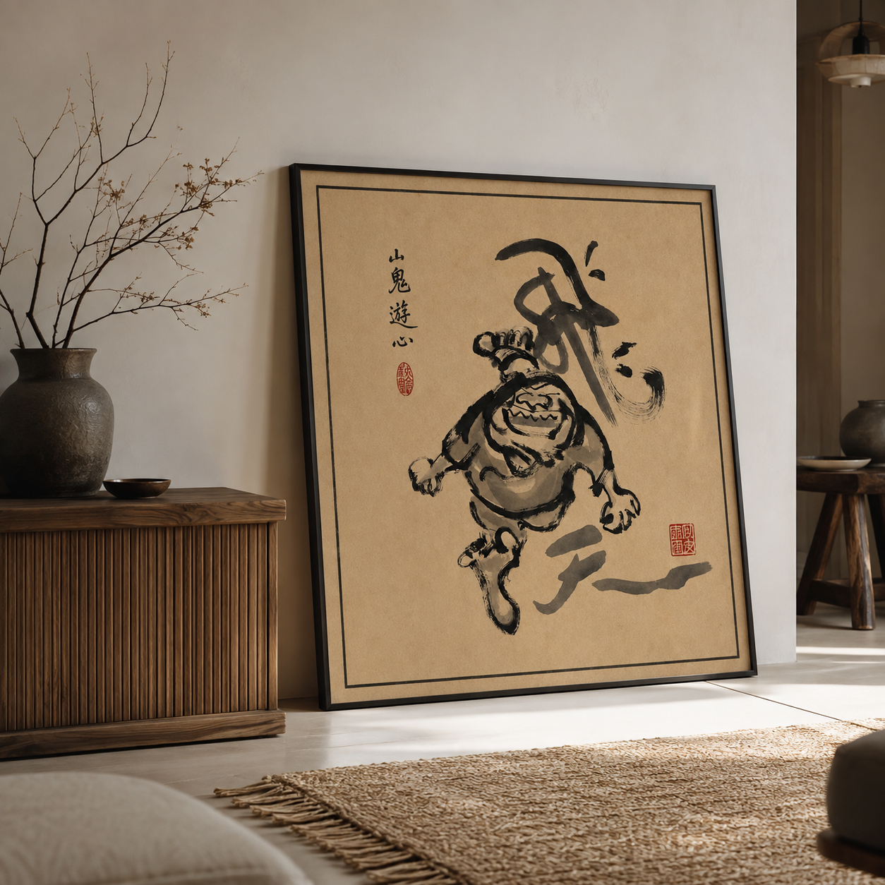 Japanese wall art poster featuring traditional ink brushwork and a playful oni demon figure