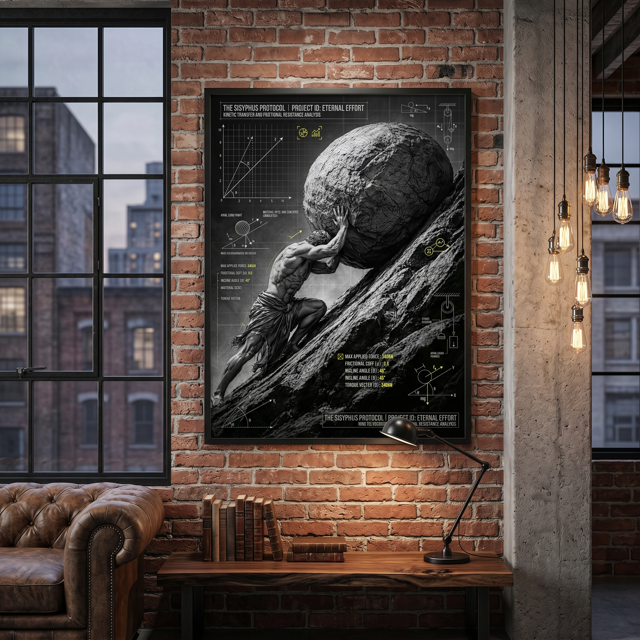 Sisyphus pushes a massive boulder up a rocky incline — black and white mythology art print overlaid with engineering force vectors and yellow data annotations