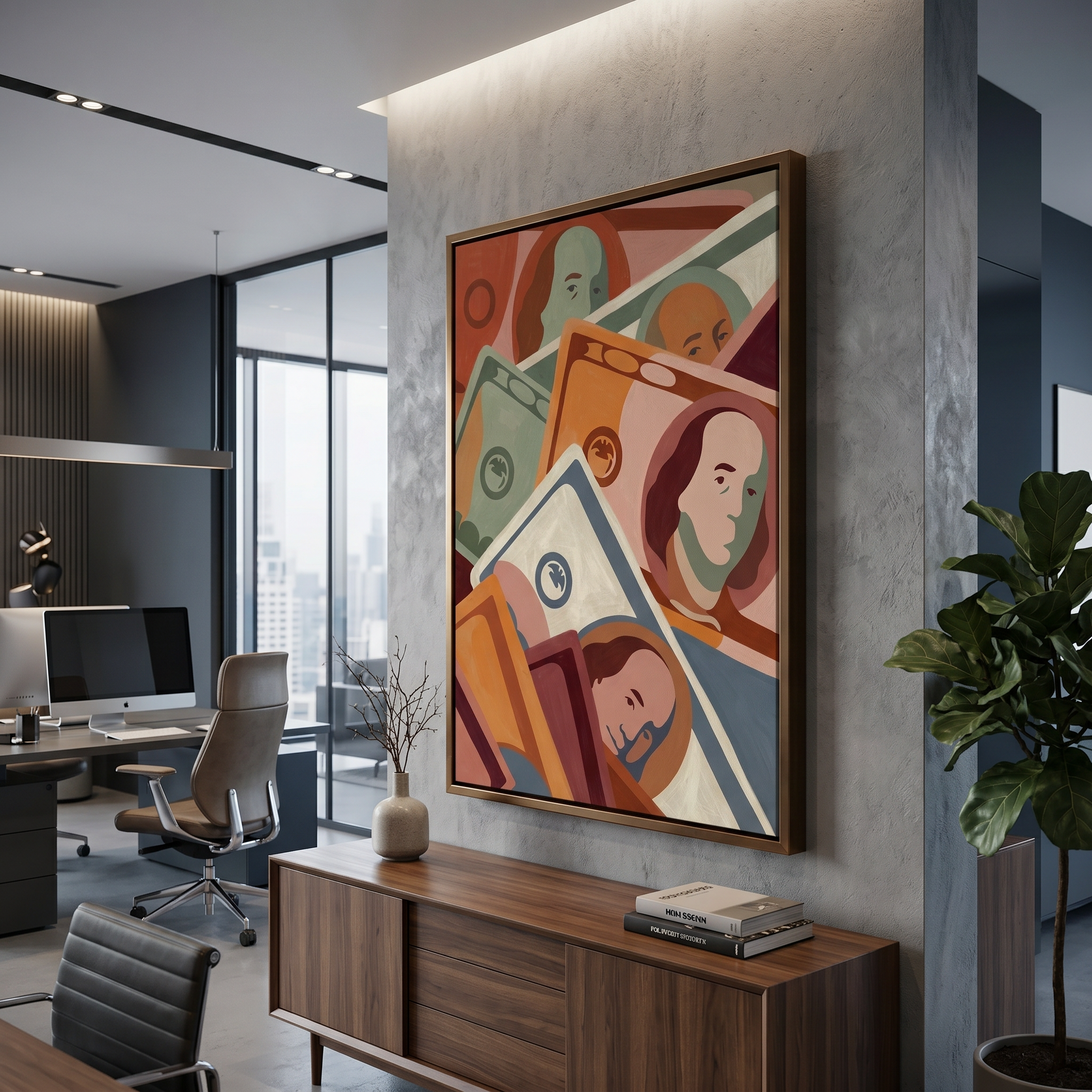 Money wall art print – flat graphic dollar bill illustration, terracotta sage and steel blue, archival matte or canvas