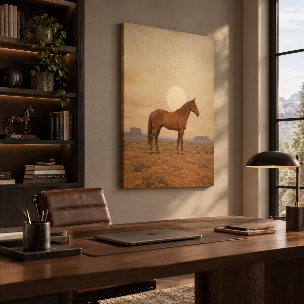 Horse print on a deep green wall showing how the terracotta tones stand out