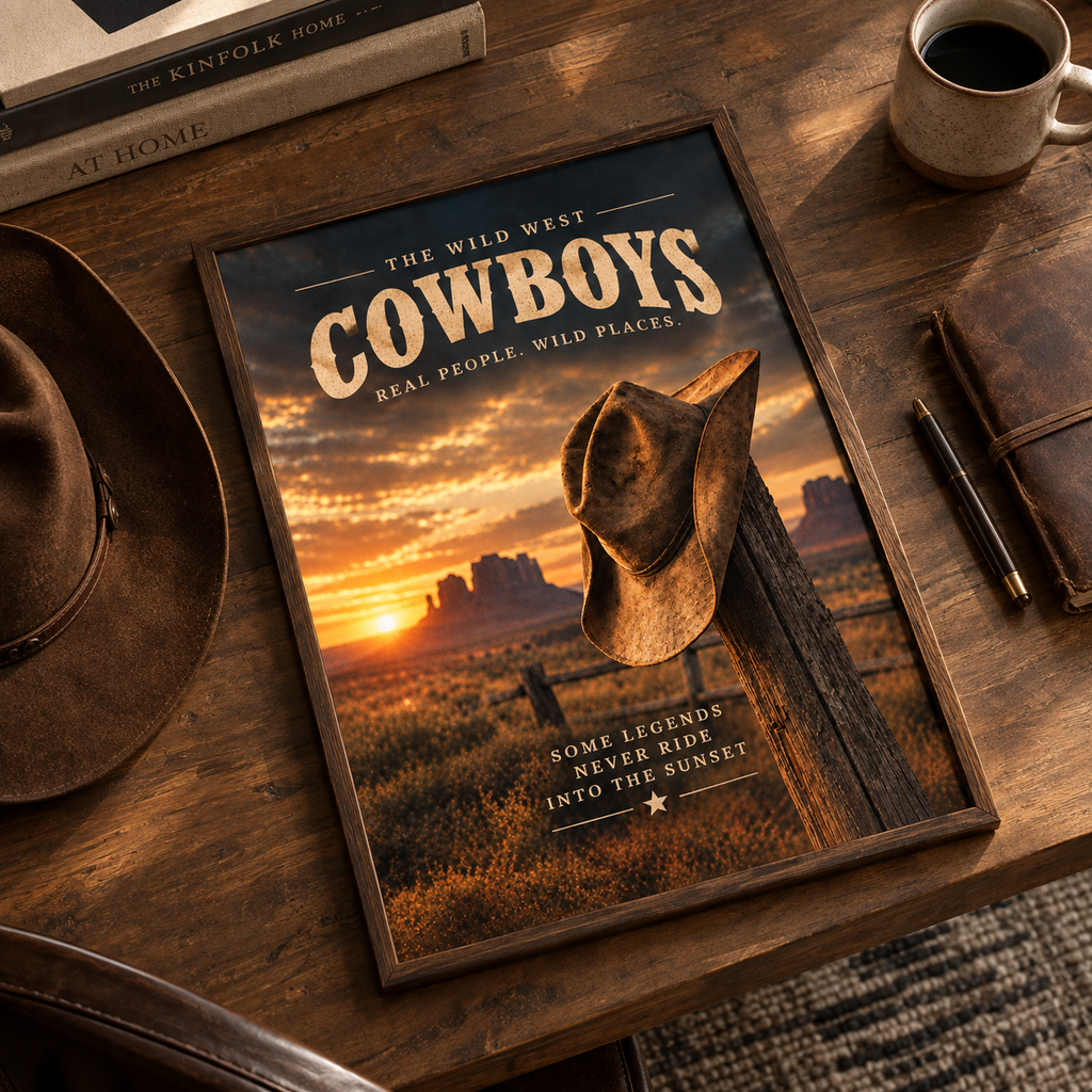 Cowboy hat on a wooden fence post at sunset, Wild West art print with desert mesas