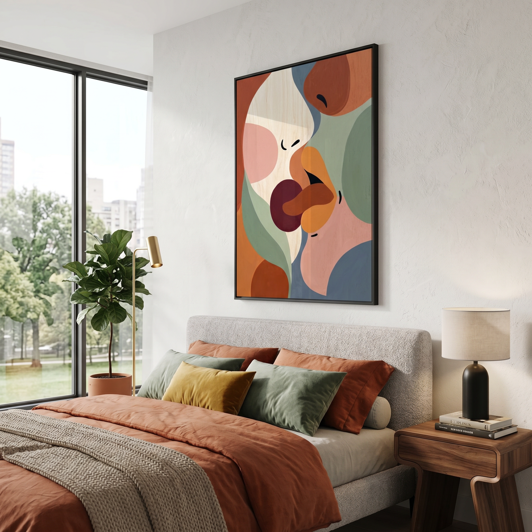 Abstract Couple Kiss Print – Romantic Boho Sage Green Terracotta Bedroom Art