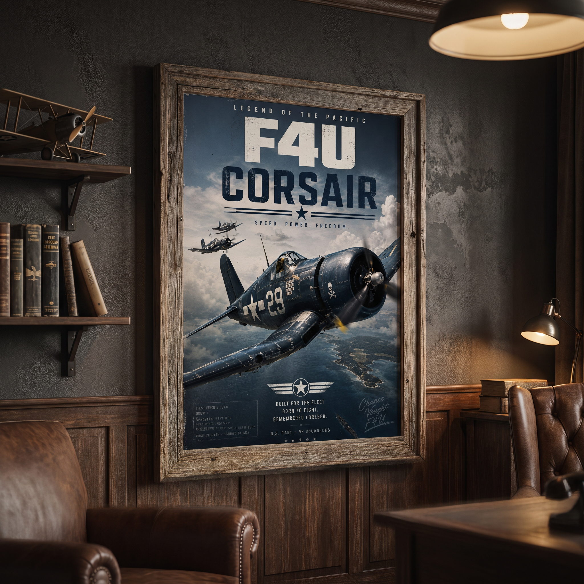 Navy blue print of a legendary fighter jet, evoking the golden age of military aviation
