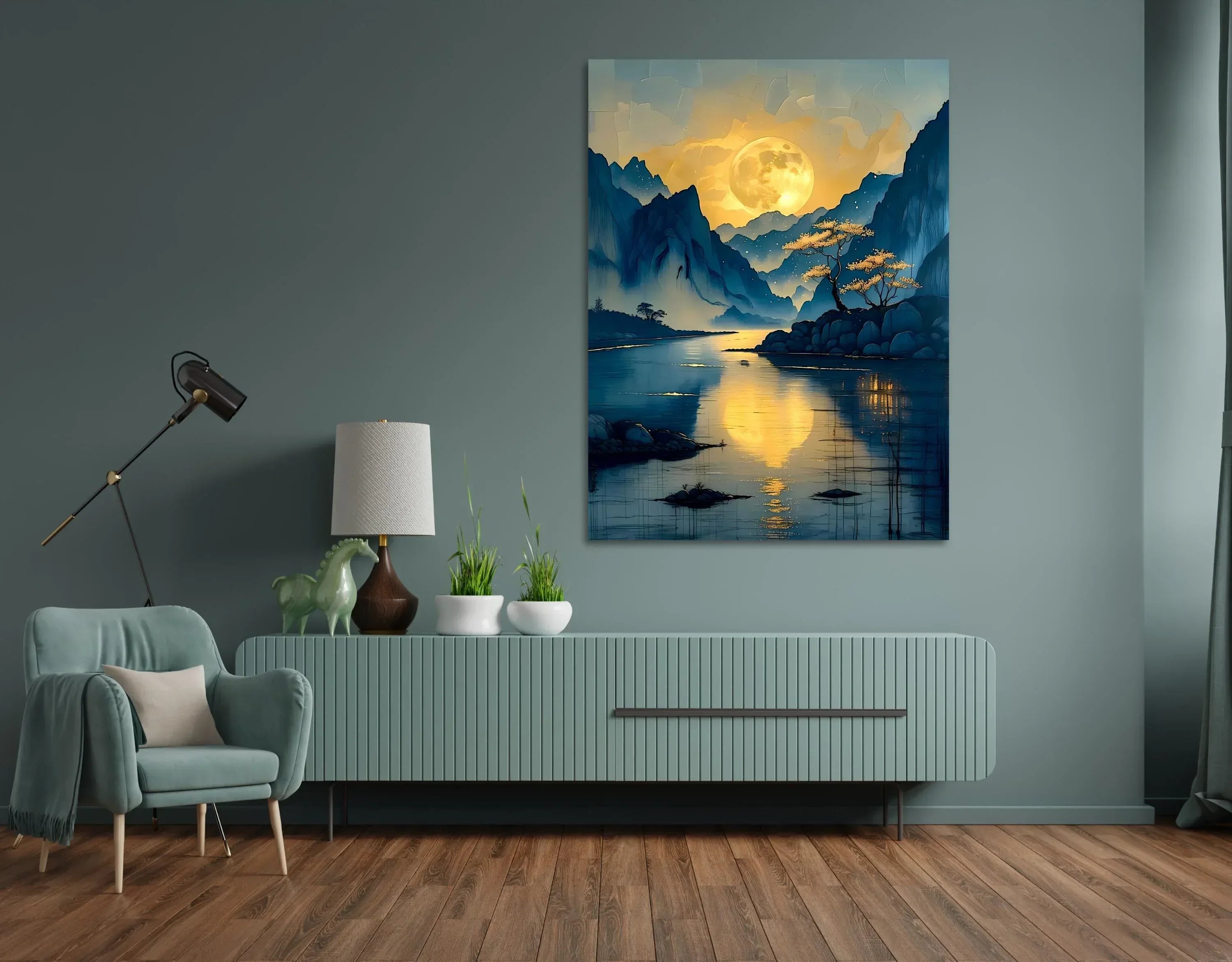 Moonlit Mountain River Canvas Art: Tranquil Asian Landscape Painting - AffinityArts 