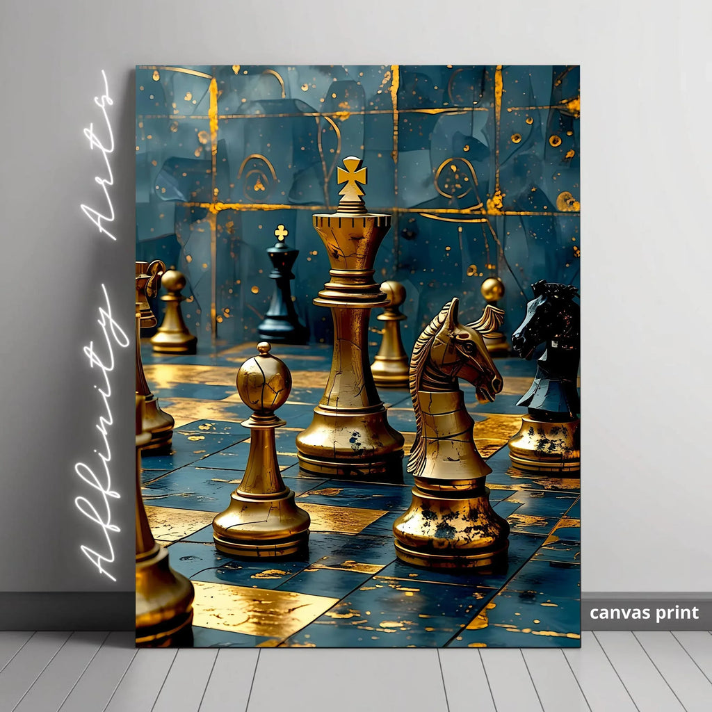 Teal and Gold Chess Canvas Art: Luxury Game Room Decor - AffinityArts 