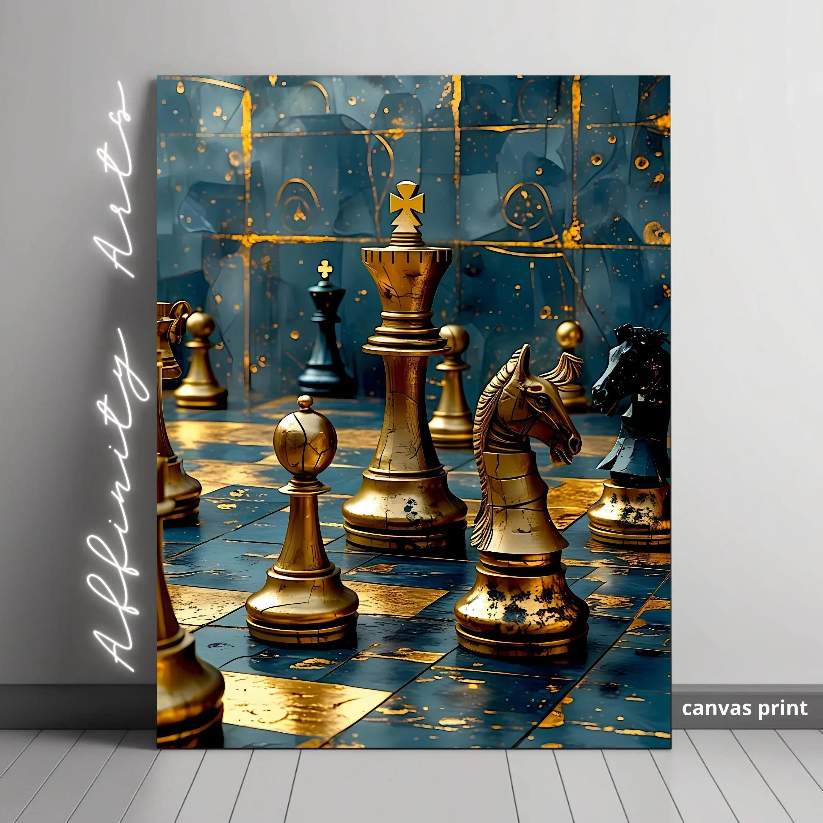 Teal and Gold Chess Canvas Art: Luxury Game Room Decor - AffinityArts 