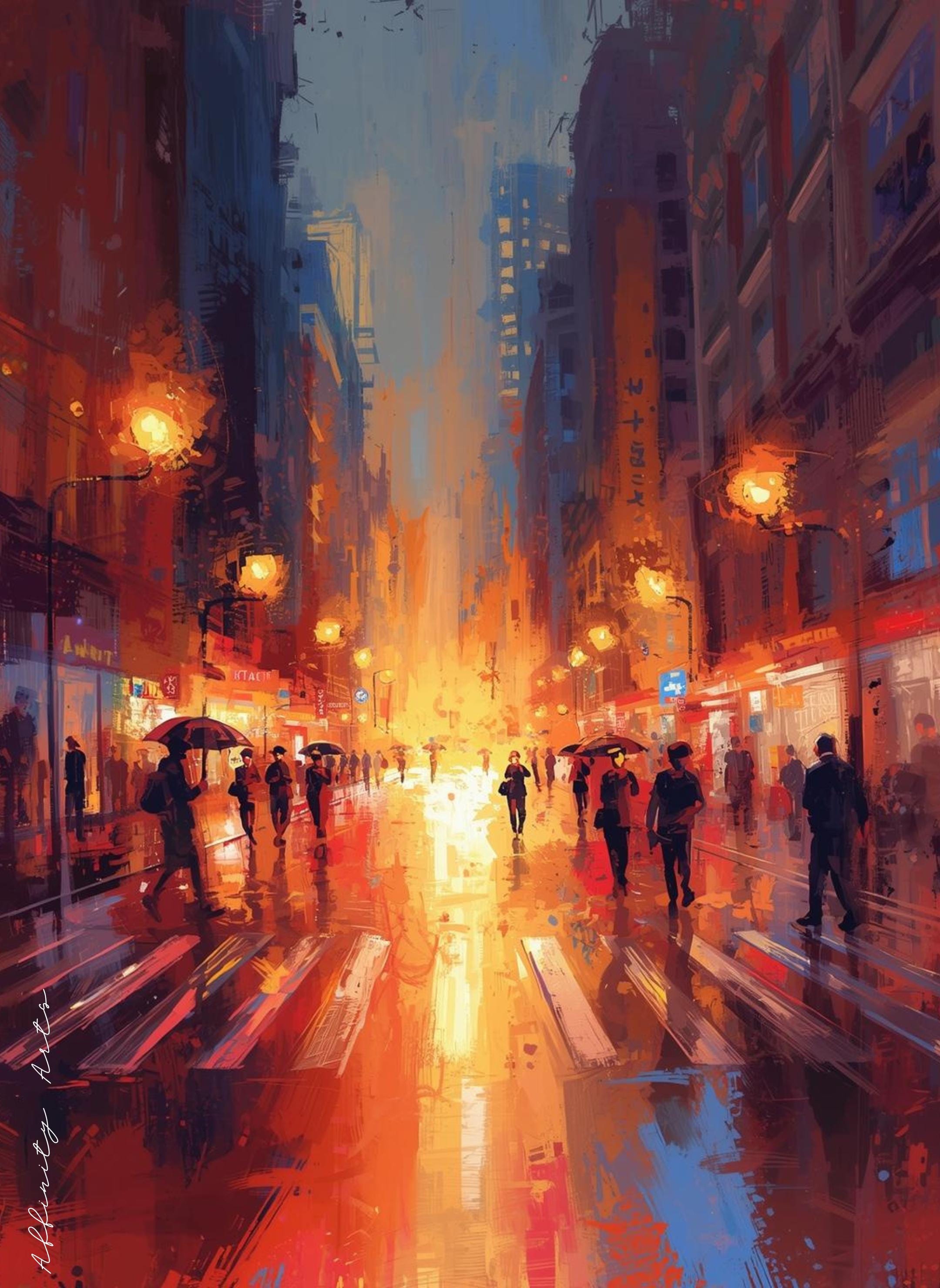 Abstract urban night scene with tall buildings, rainy street, walking figures, and vivid orange and blue light reflections.
