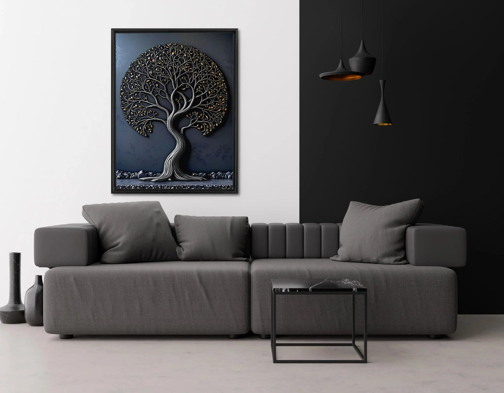 Tree of Life Canvas Art: Gold & Silver Metal Effect, Floating Frame - AffinityArts 