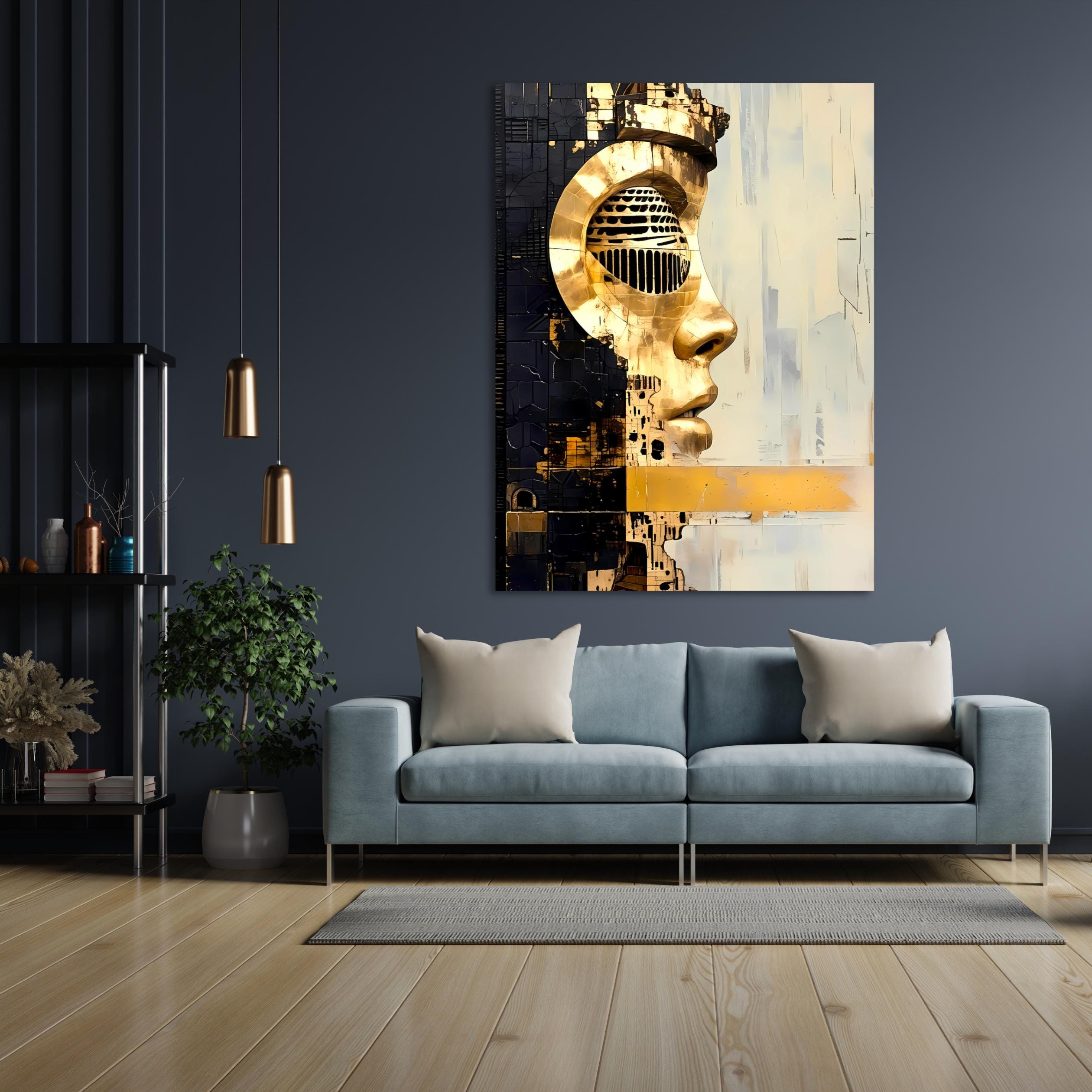 Cyberpunk golden android head in right profile, composed of broken gold plates with a large vented mechanical eye.