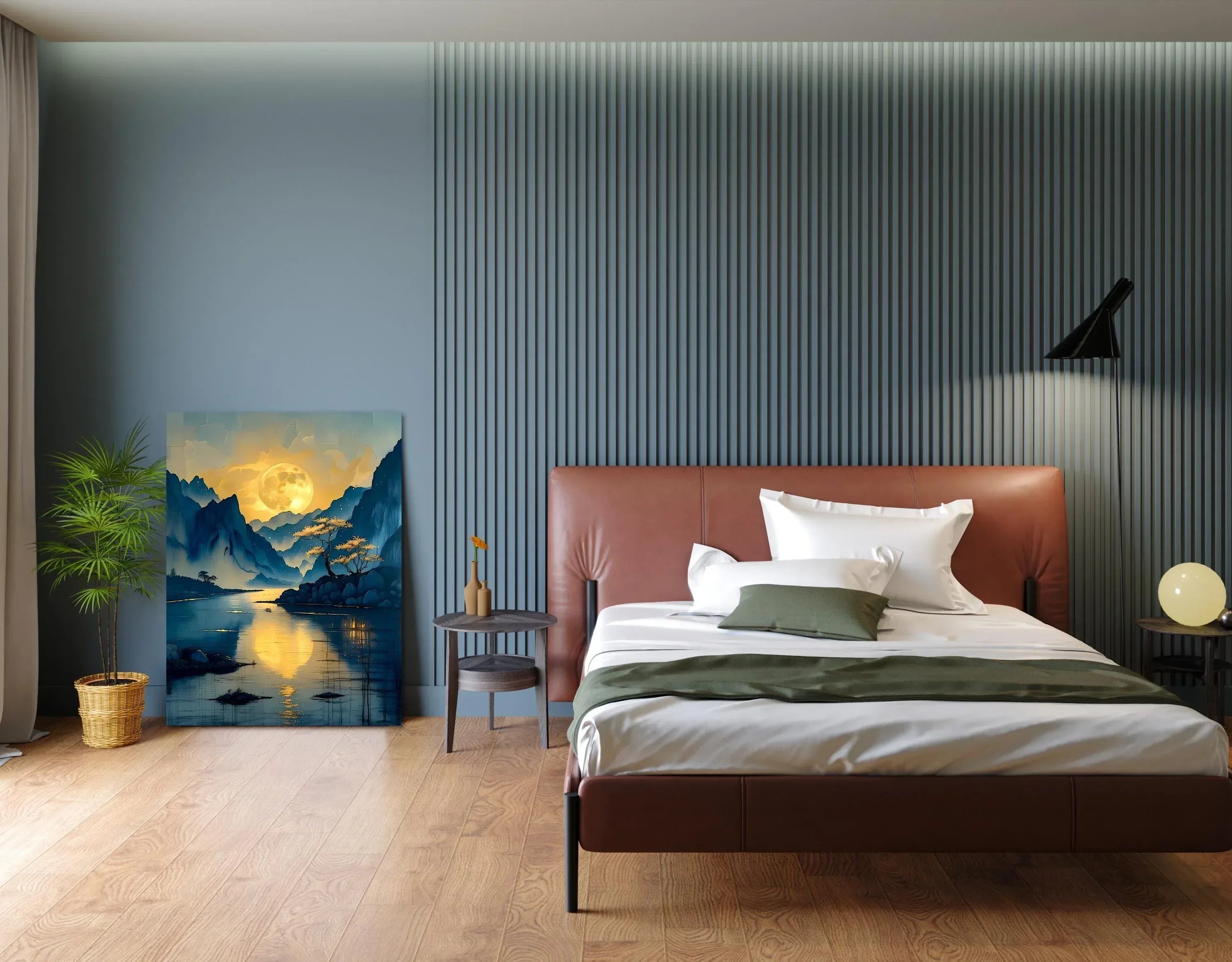 Moonlit Mountain River Canvas Art: Tranquil Asian Landscape Painting - AffinityArts 