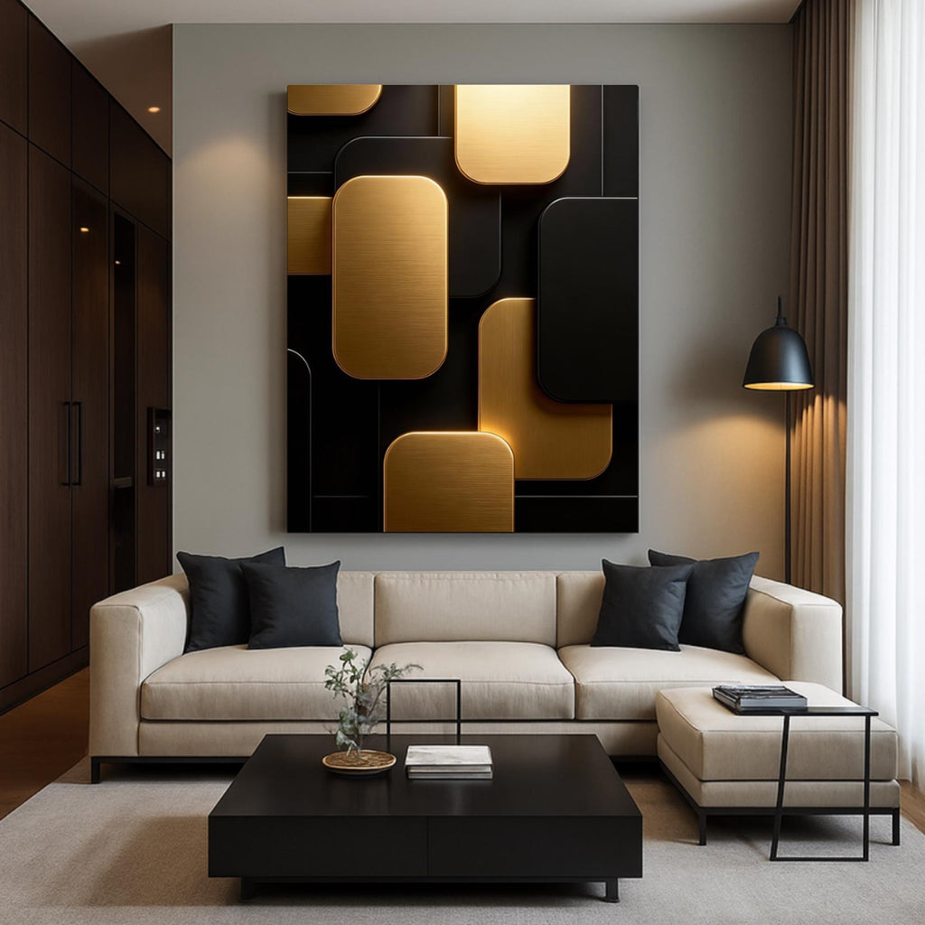 Black Gold Geometric Wall Art Print, Abstract Metal Panels Poster or Canvas, Modern Minimalist 3D Design Art AffinityArts