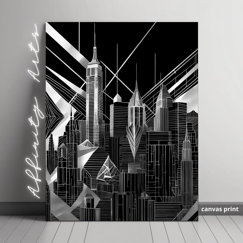 Black and White Cityscape Canvas Wall Art – Modern Abstract Urban Skyline Print