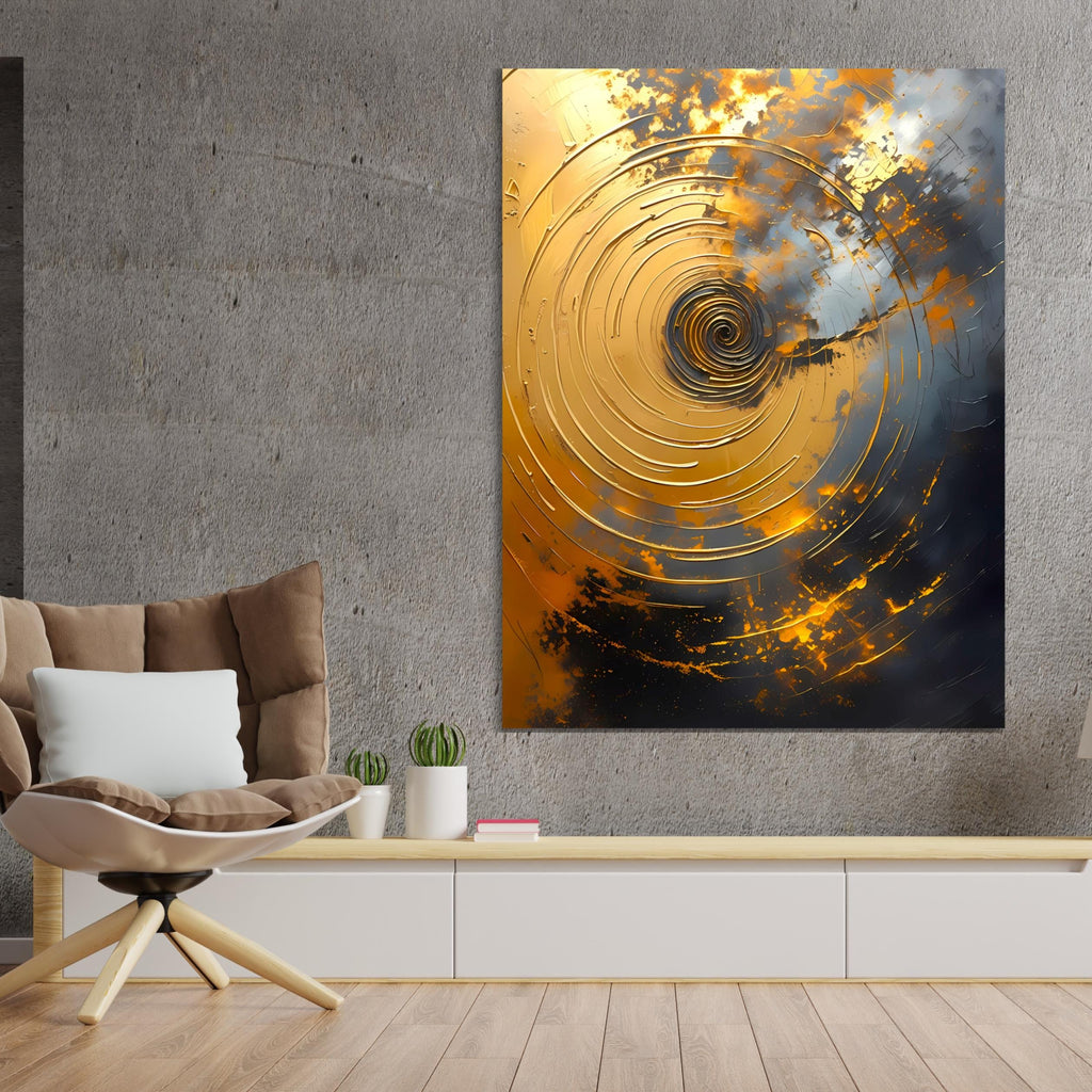 Contemporary abstract: spiraling metallic gold vortices with high-relief texture in warm-cool palette.
