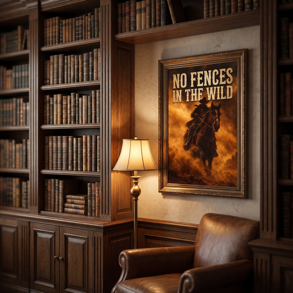Western poster in a rustic living room above a leather sofa, mockup, frame not included