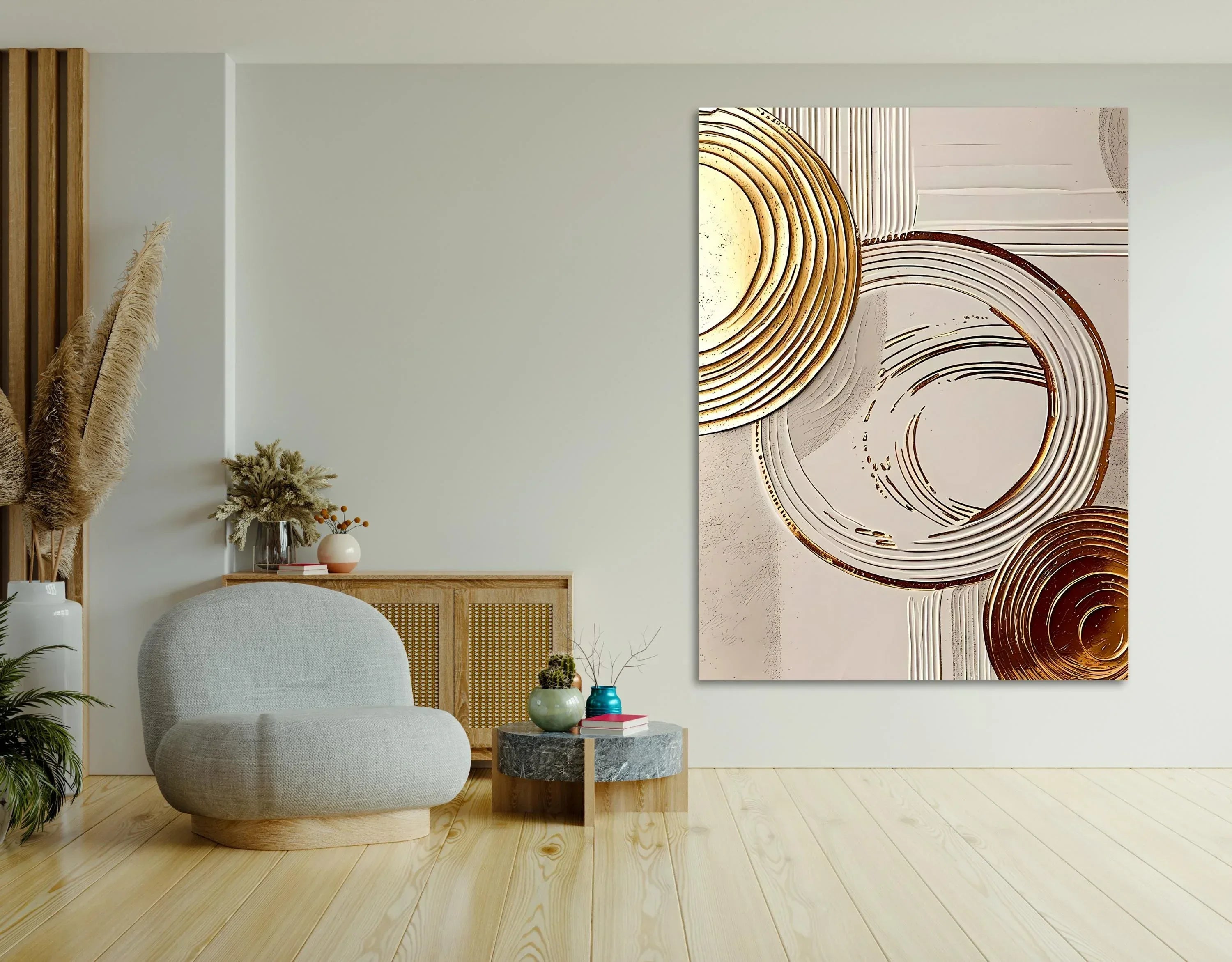 Beige & Gold Abstract Circle Art: Modern Textured Canvas Print - AffinityArts 