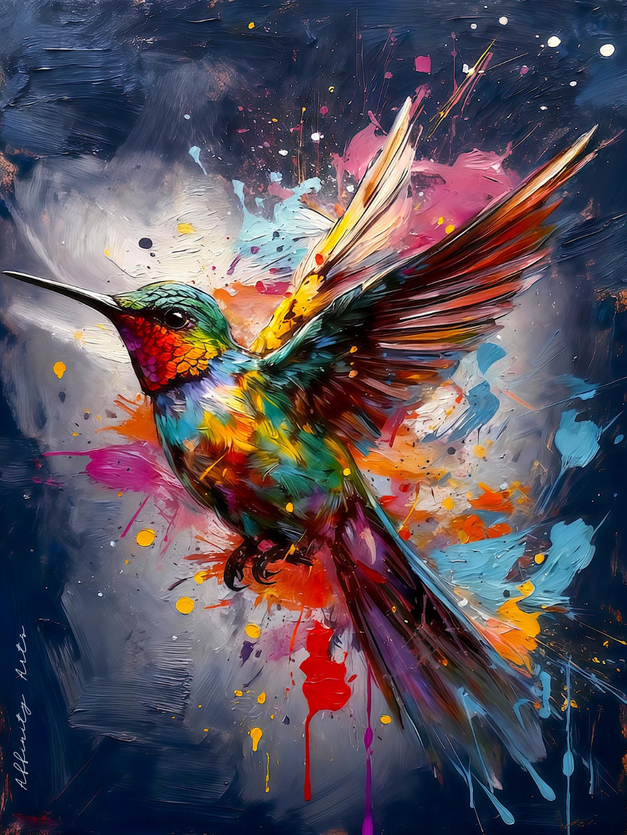 Colorful Hummingbird Wall Art Print, Blue Background, Premium Paper Poster, Canvas Print, Digital Download AffinityArts