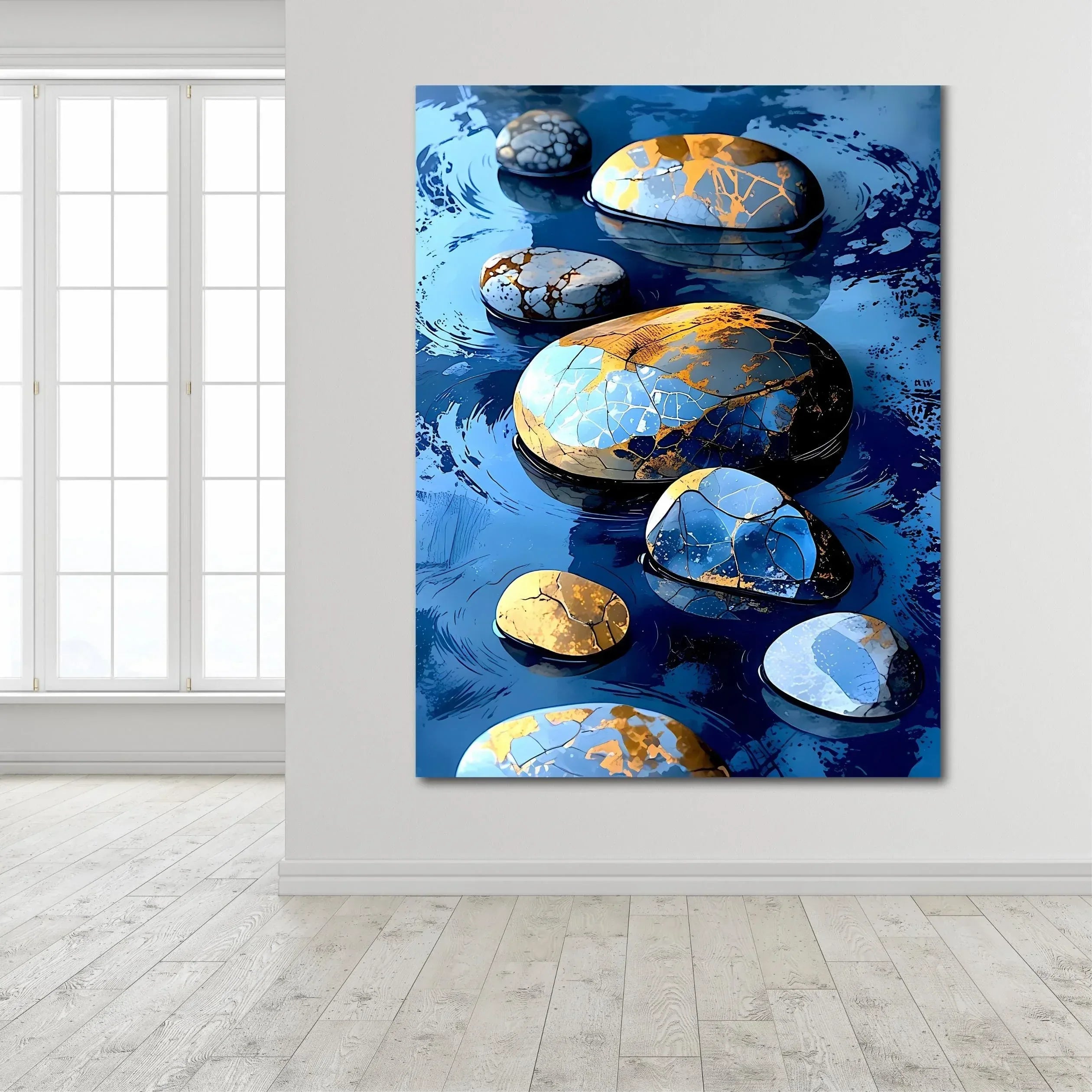 Kintsugi Stone Wall Art - Blue Gold Zen River Rocks Canvas Print - AffinityArts 