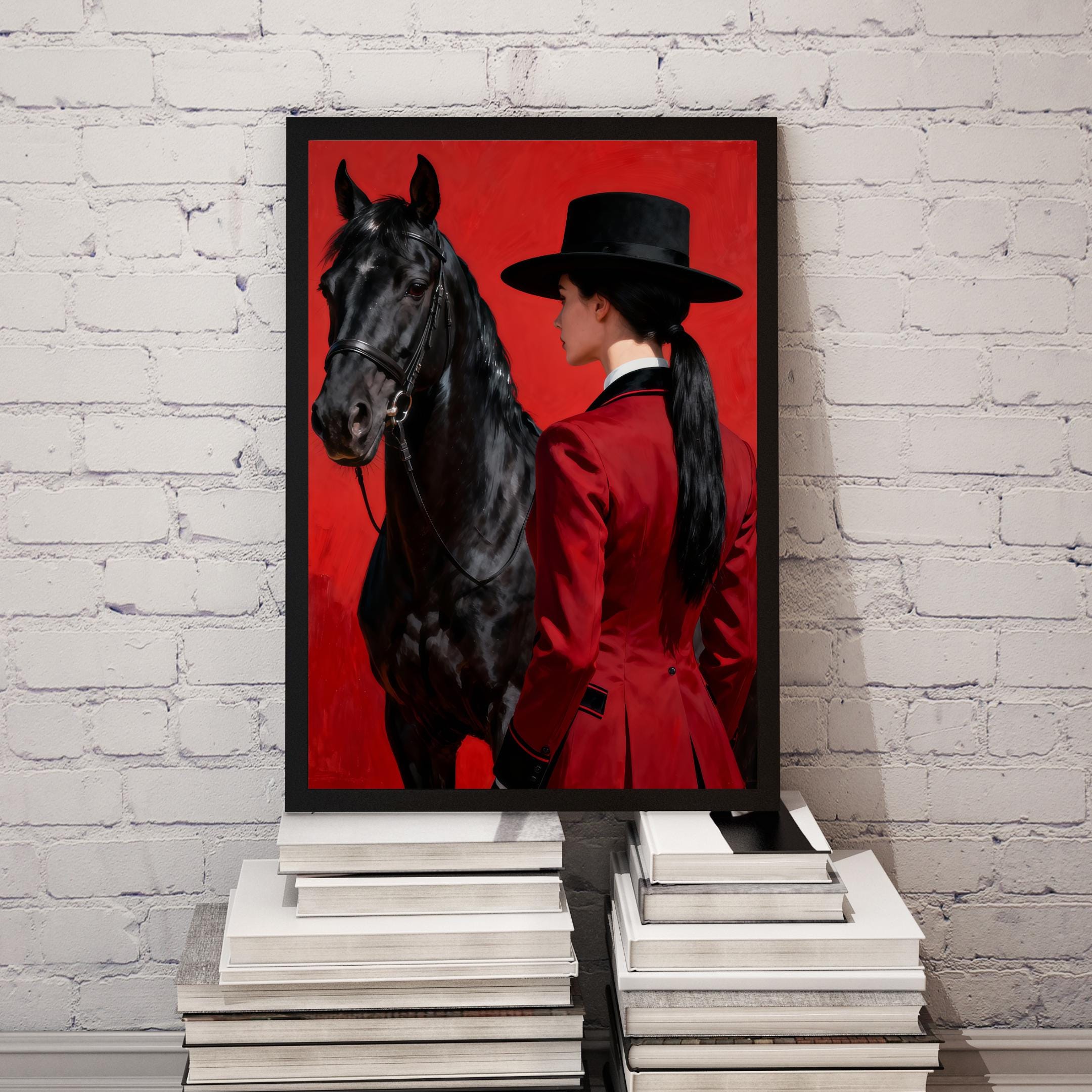 Timeless equestrian elegance: a woman in ceremonial riding dress with a sleek black horse on a vibrant red canvas.
