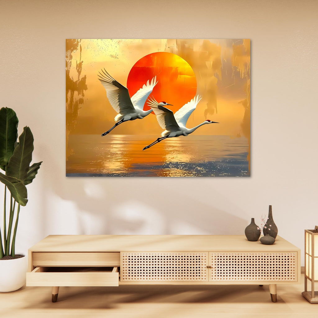 Crane Canvas Print: Japanese Sunset Bird Art, Zen Nature Decor AffinityArts