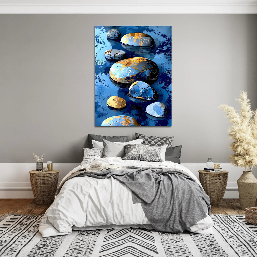 Kintsugi Stone Wall Art - Blue Gold Zen River Rocks Canvas Print - AffinityArts 