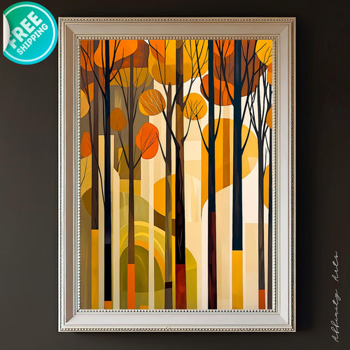 Abstract autumn forest with tall trees and warm orange, yellow, and brown geometric shapes.