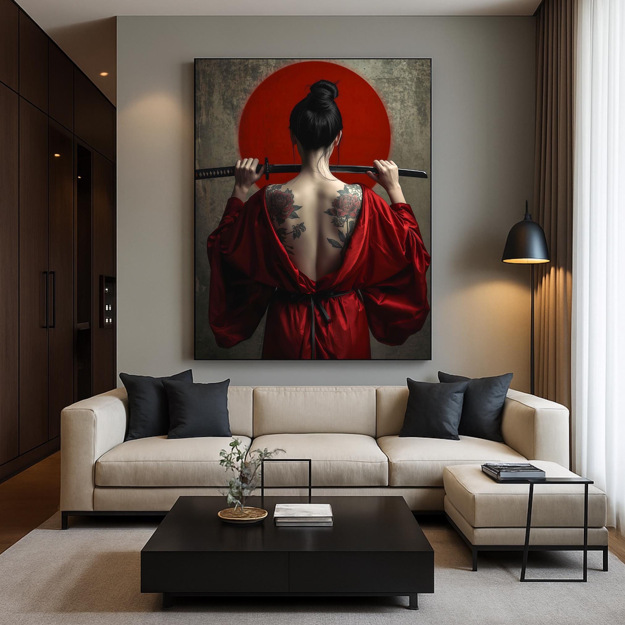 Portrait of strength and beauty: tattooed woman with samurai sword in traditional Japanese aesthetic