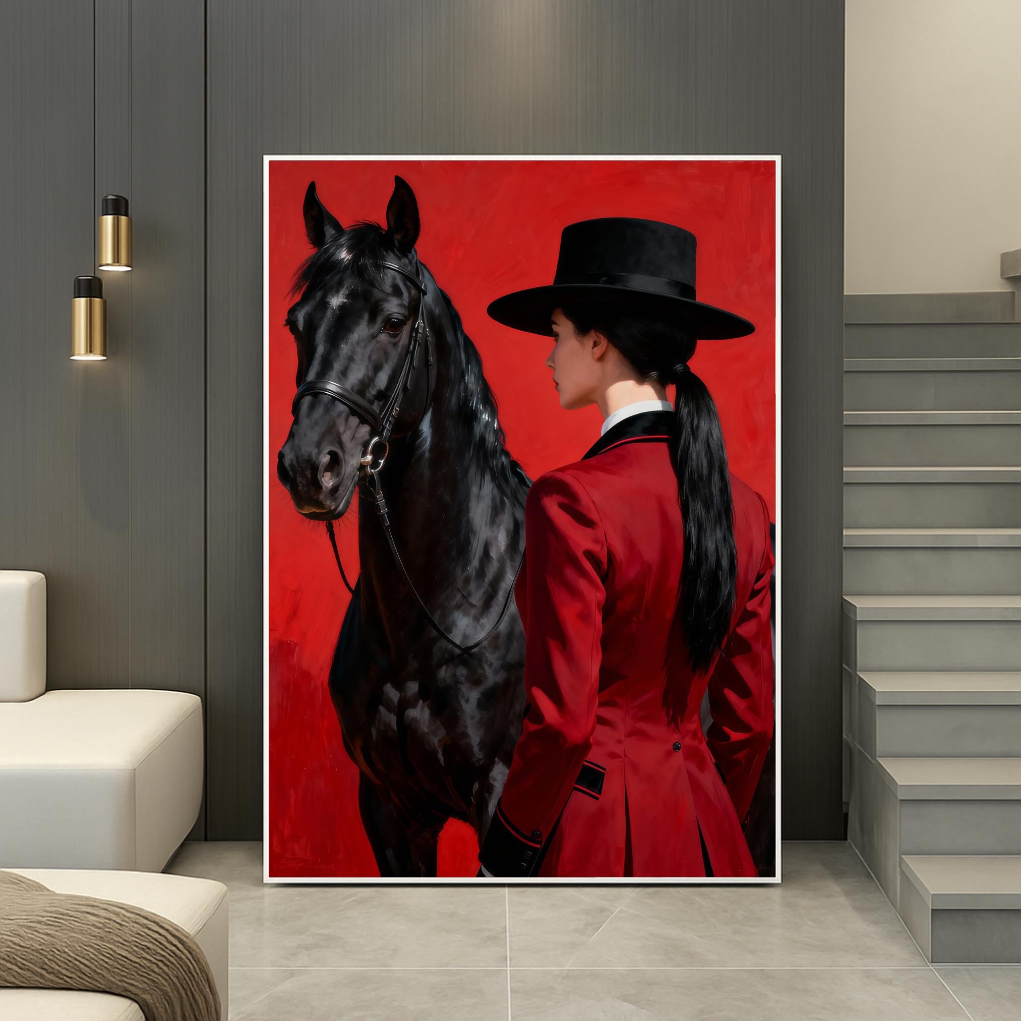 Classic equestrian scene: a poised woman in formal riding gear with her dark horse, painted in rich red tones.
