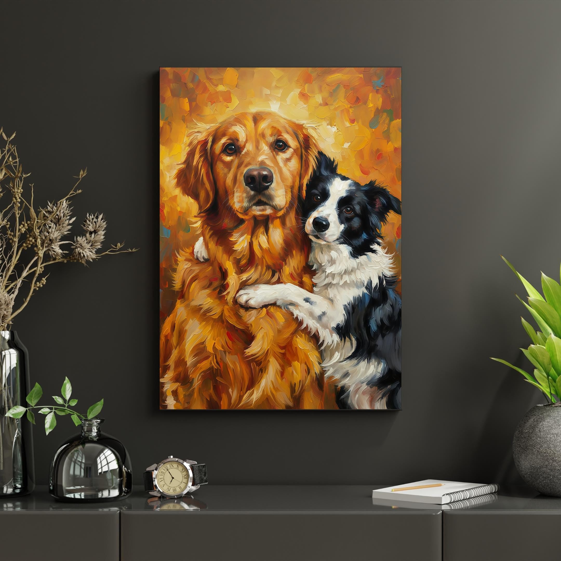 Expressive canine friends painted: Golden retriever and collie gaze lovingly amid orange swirls.
