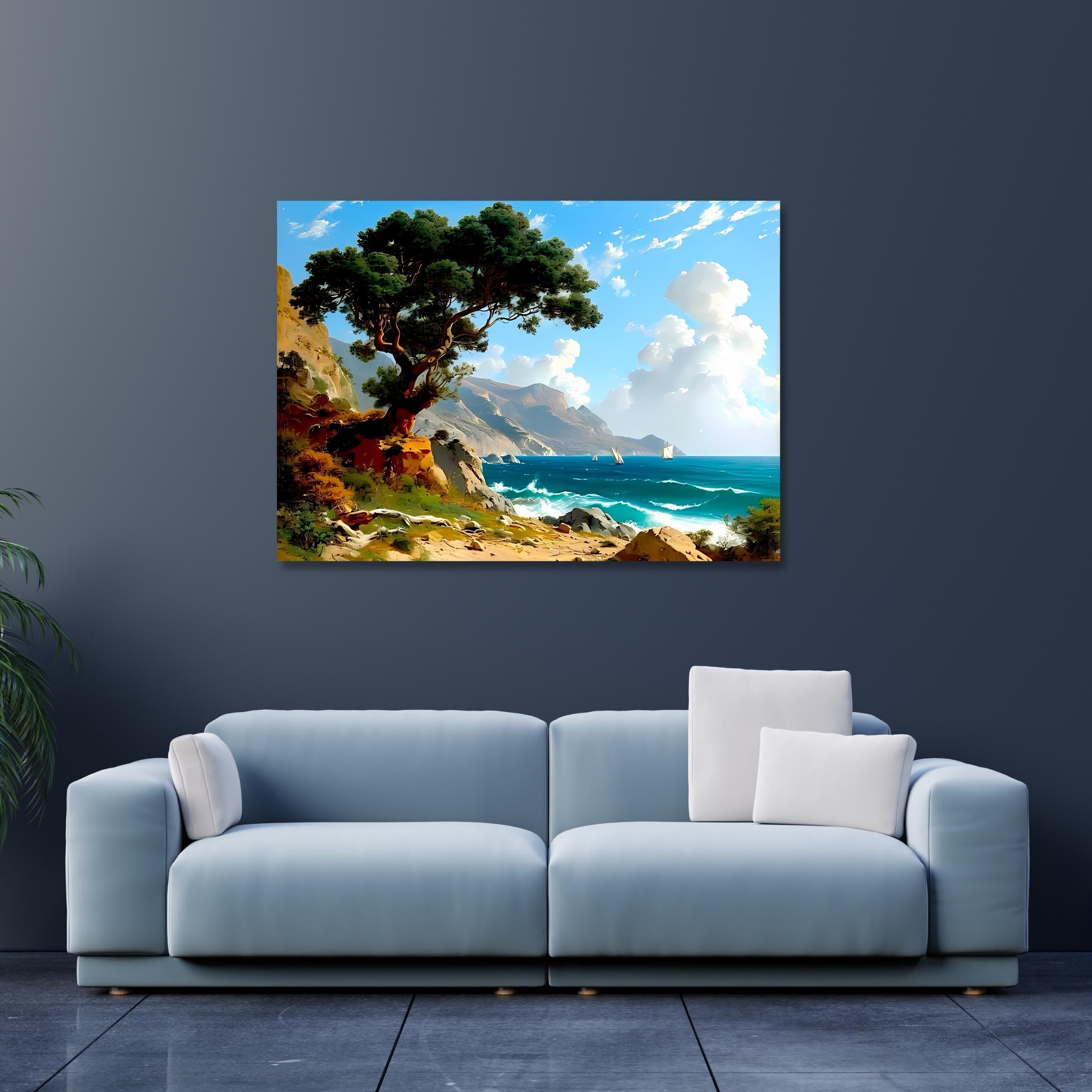 Coastal Landscape Canvas Print – Seascape Wall Art with Sailboats & Tree – Ocean Shoreline Decor AffinityArts