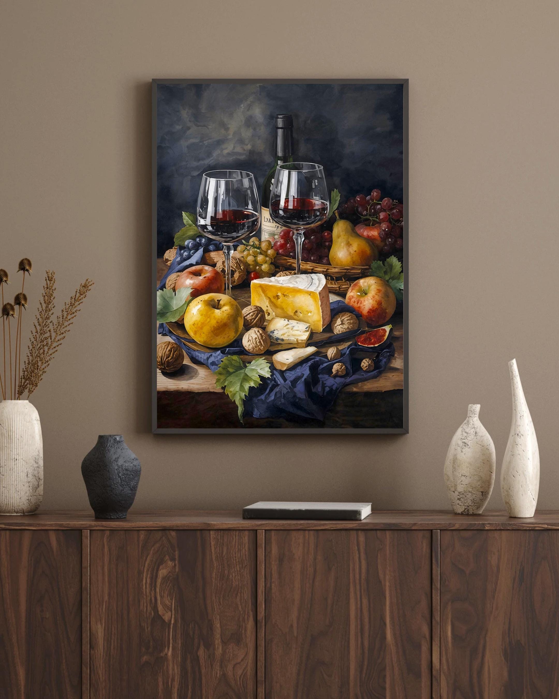 Traditional oil painting in classical style: red wine, assorted cheeses, fruits, and nuts on a wooden table with blue drapery