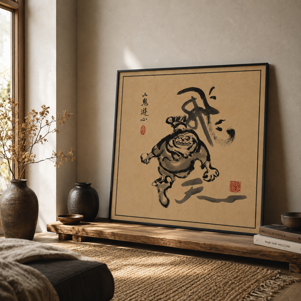 Fortune art poster with authentic red artist seals, Japanese ink painting on archival paper