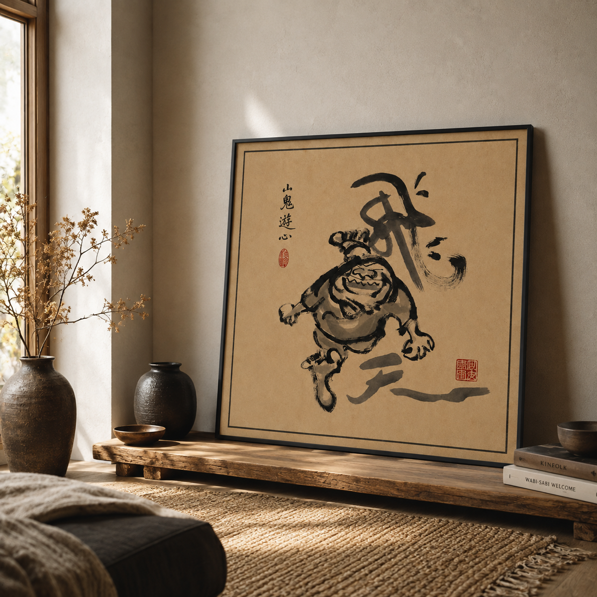 Fortune art poster with authentic red artist seals, Japanese ink painting on archival paper
