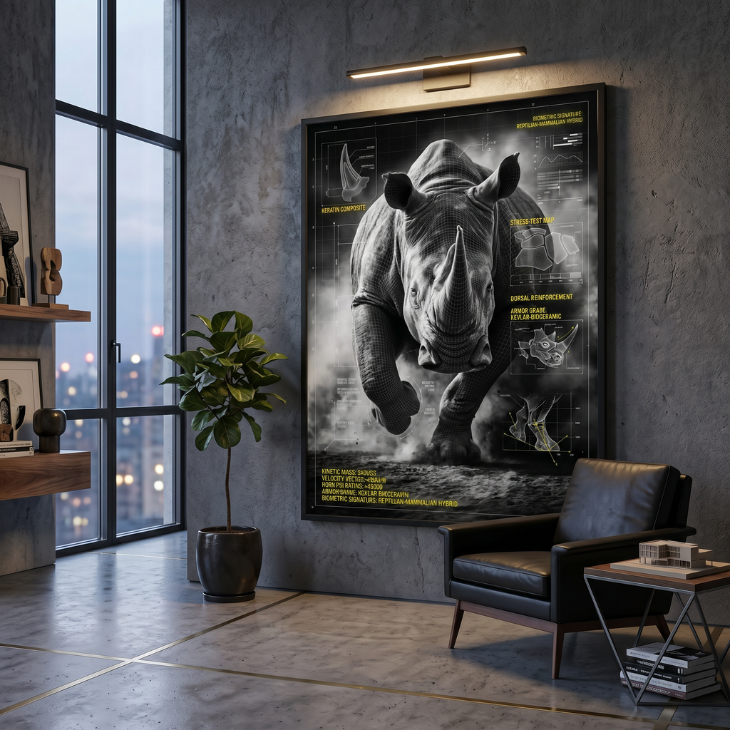 charging rhino, blueprint poster, scifi home decor, black white animal anatomy