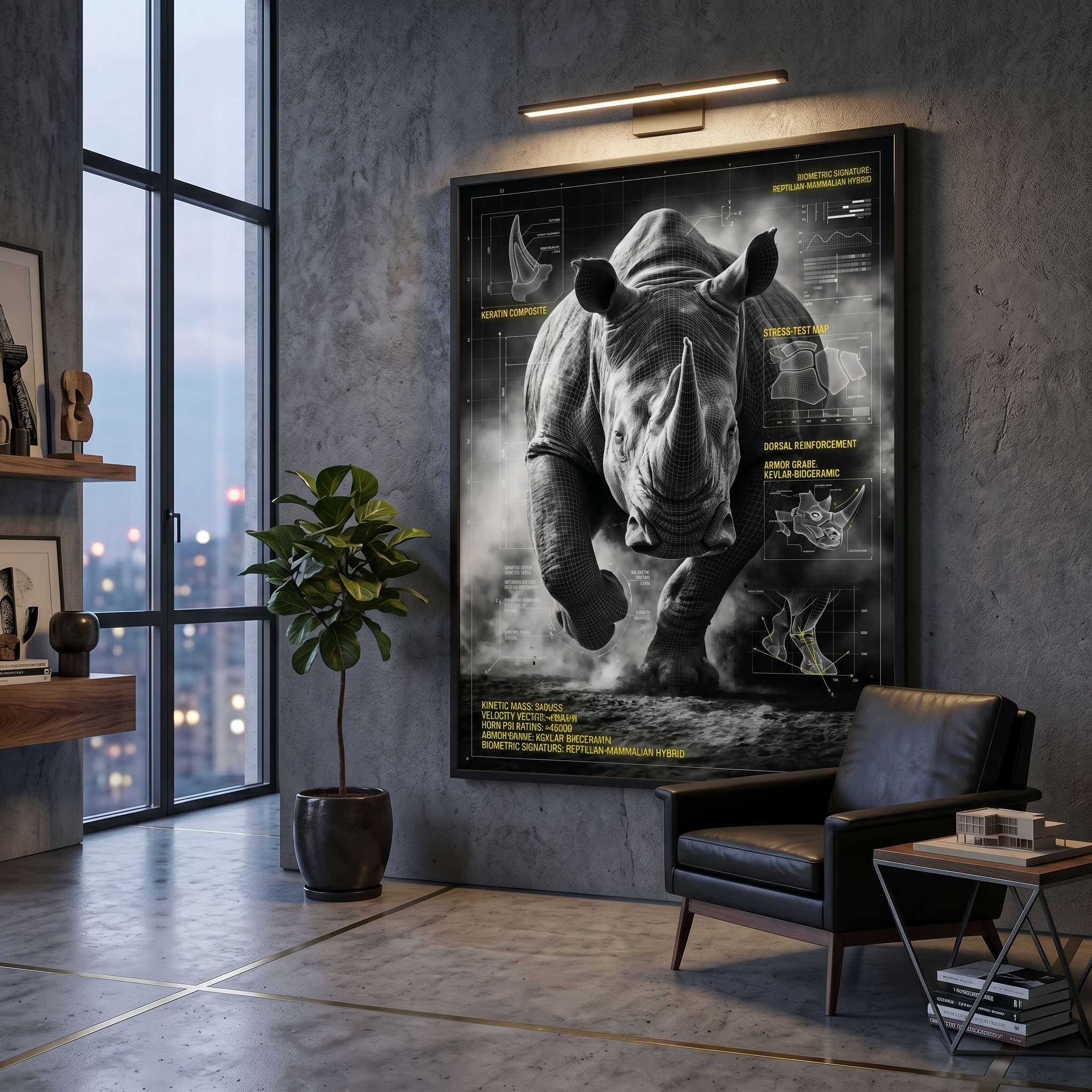 charging rhino, blueprint poster, scifi home decor, black white animal anatomy