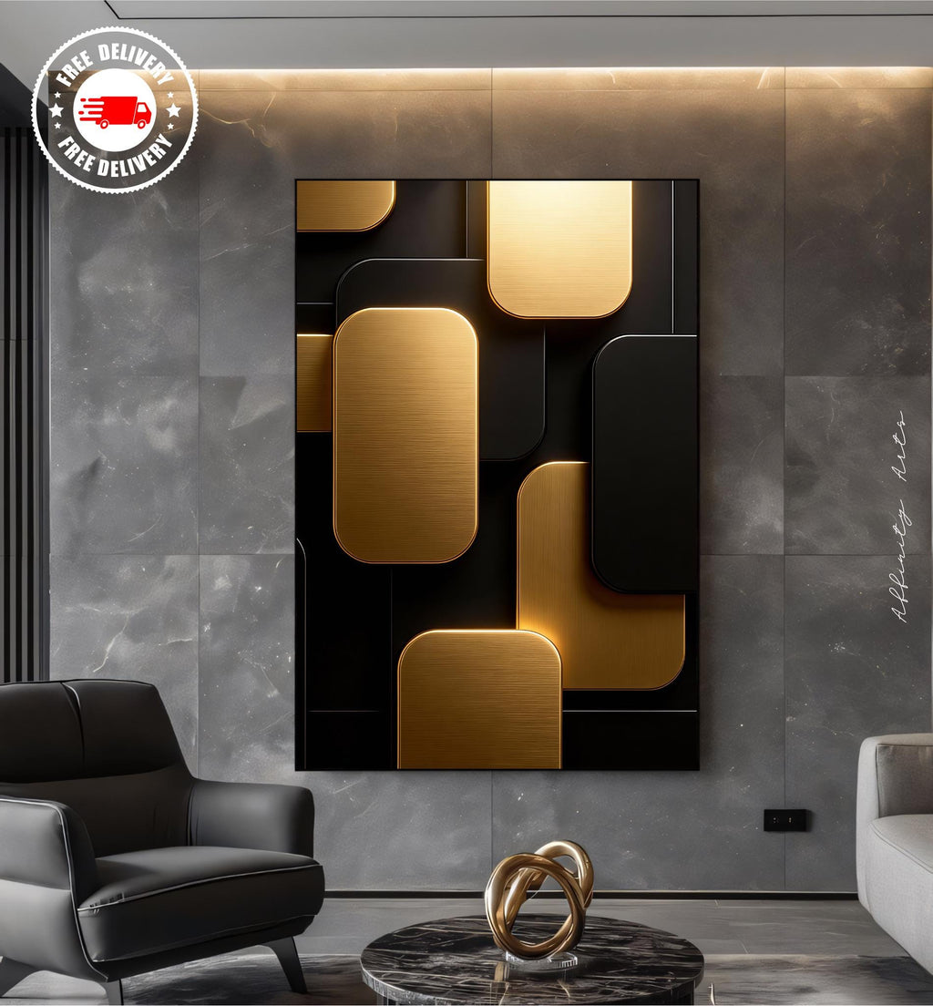 Black Gold Geometric Wall Art Print, Abstract Metal Panels Poster or Canvas, Modern Minimalist 3D Design Art AffinityArts