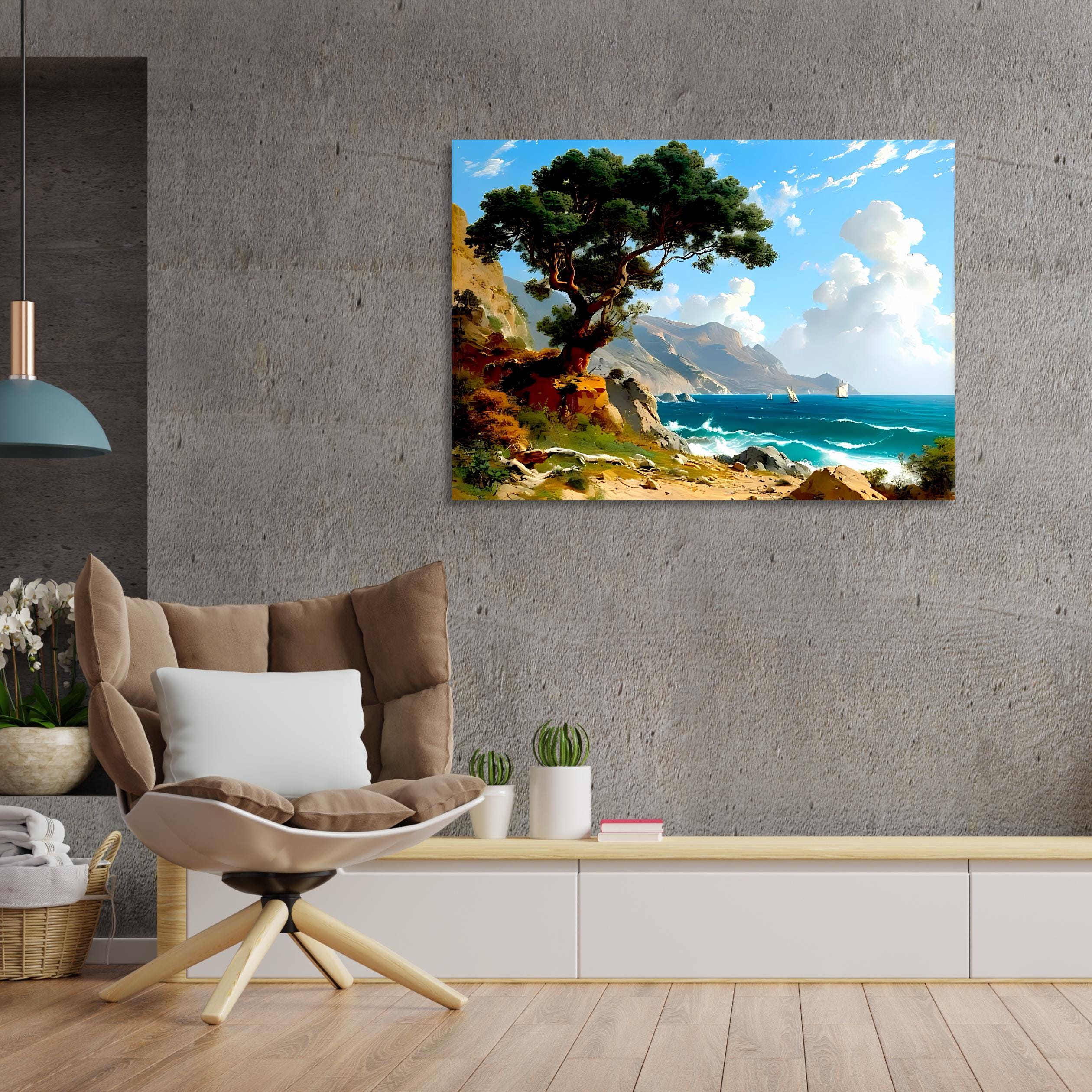 Coastal Landscape Canvas Print – Seascape Wall Art with Sailboats & Tree – Ocean Shoreline Decor AffinityArts