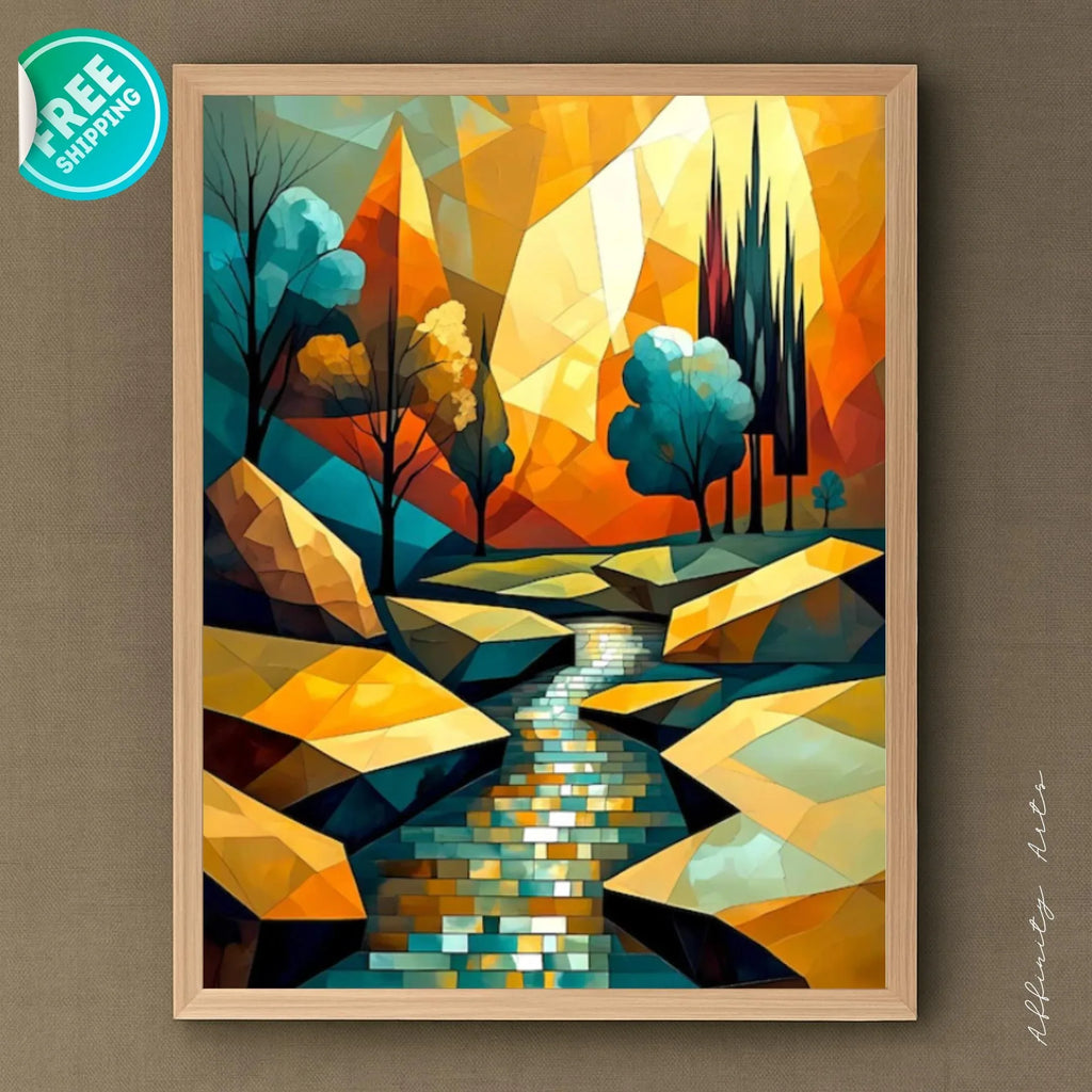 Abstract Mountain Landscape Canvas Wall Art – Colorful River Print Poster - AffinityArts 