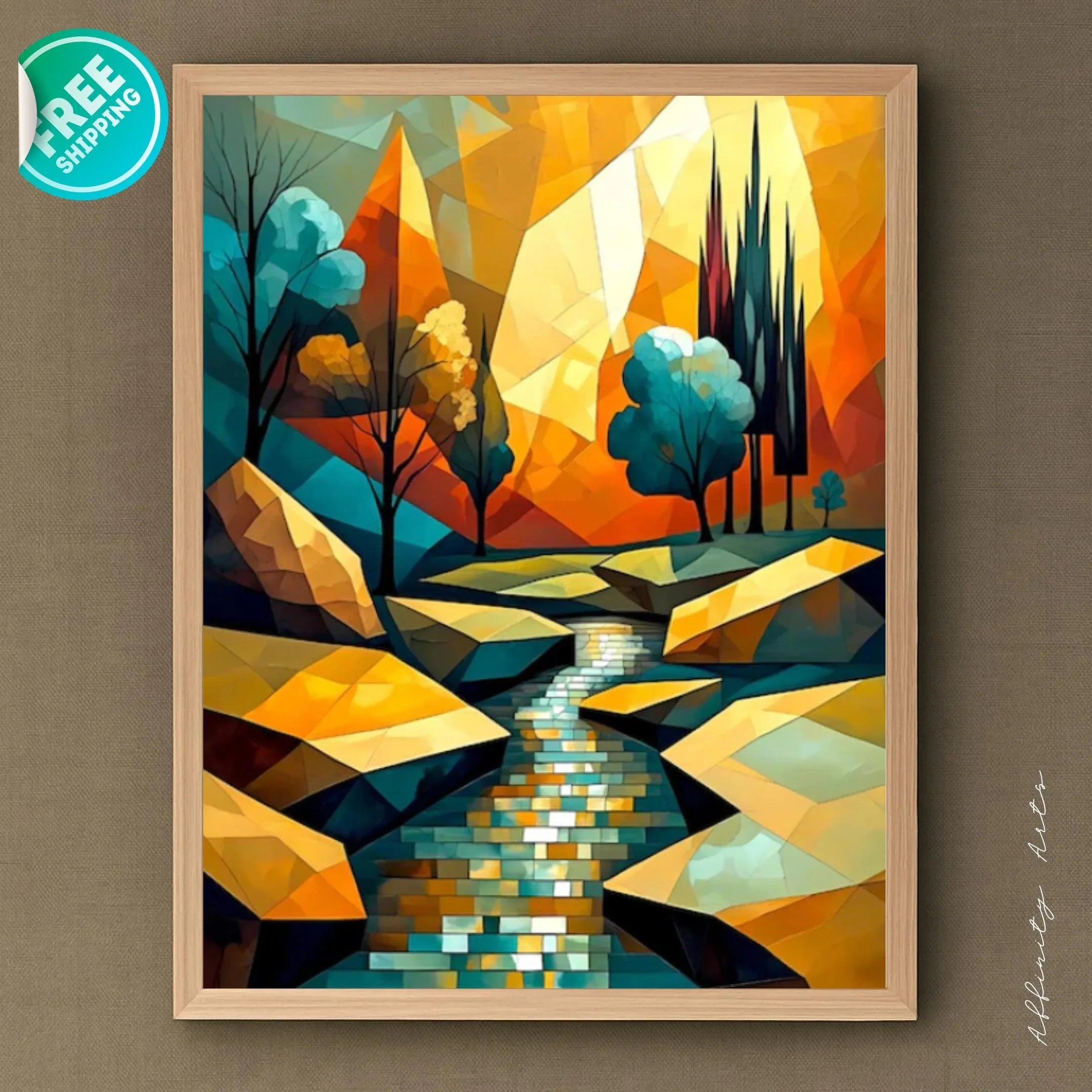 Abstract Mountain Landscape Canvas Wall Art – Colorful River Print Poster - AffinityArts 
