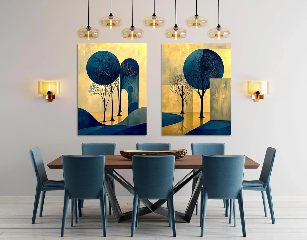 Abstract Tree Art Set: Blue and Gold Landscape Canvas or Poster - AffinityArts 
