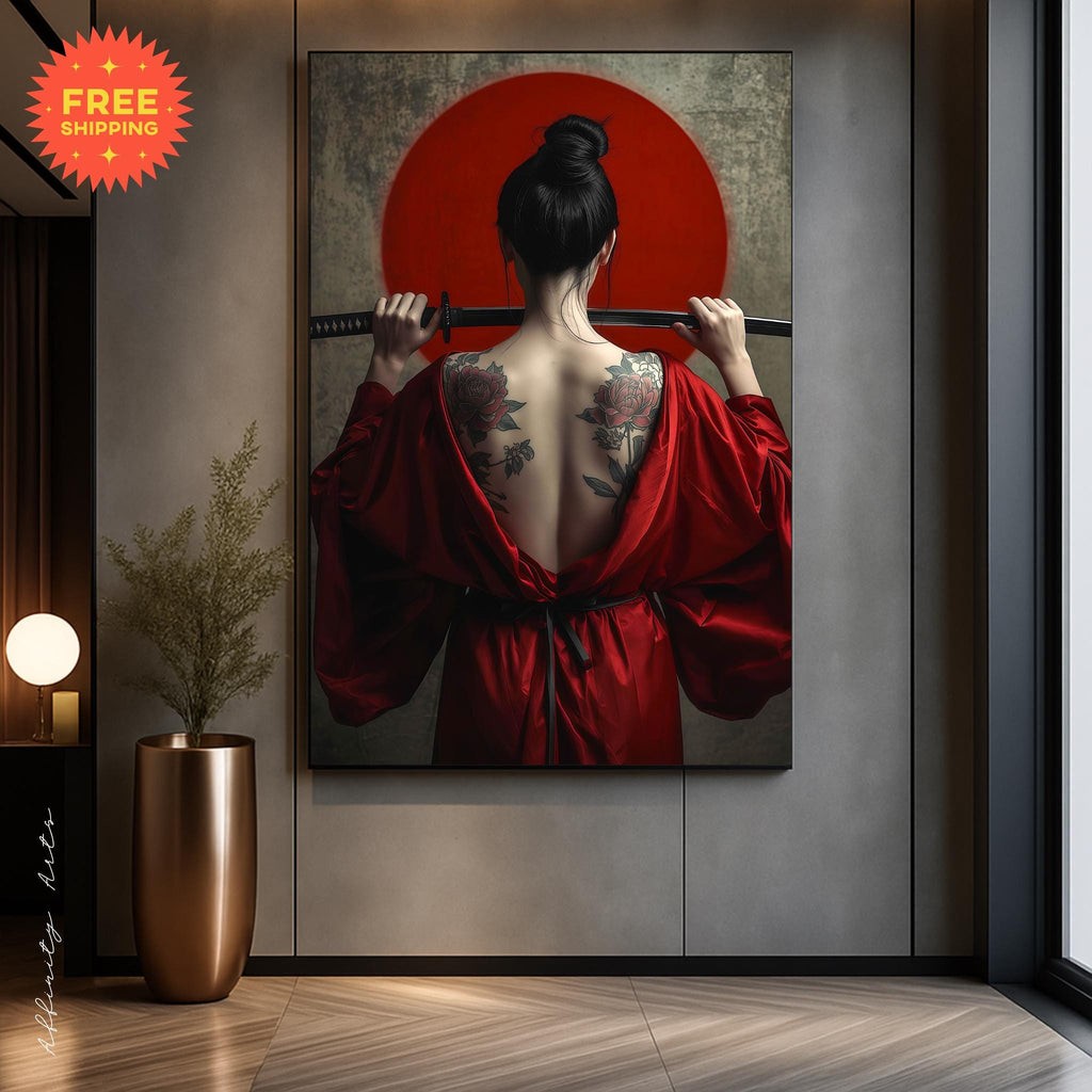Back view of a woman with traditional Japanese peony tattoos holding a katana sword against a red sun backdrop