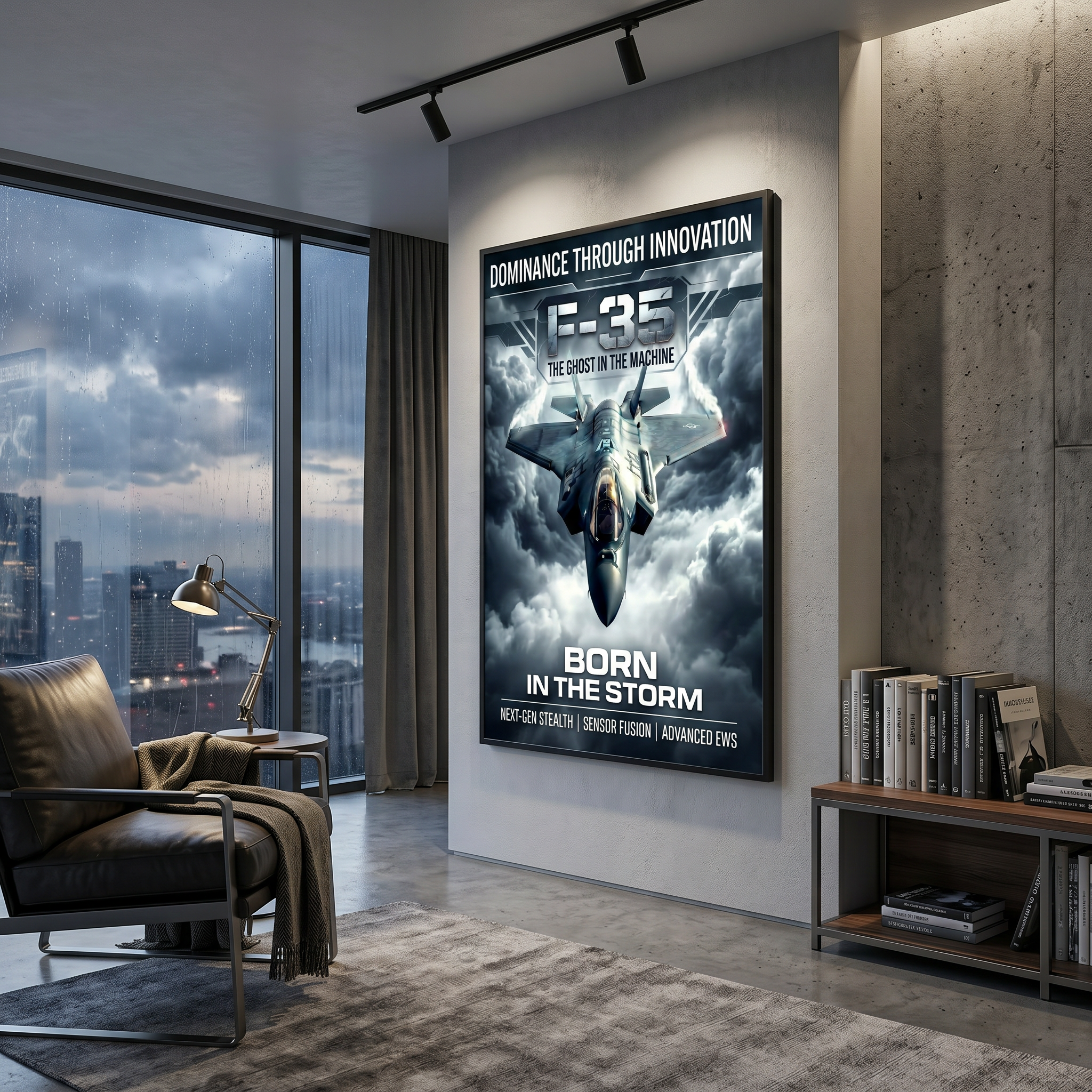 Military aircraft poster on dark charcoal wall — man cave aviation art, 