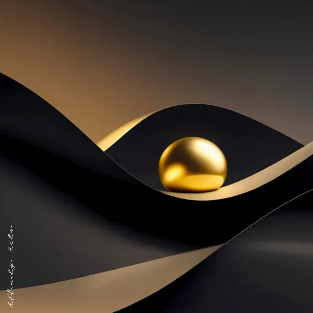 Abstract black and gold waves cradling a glossy golden ball, luxury art print
